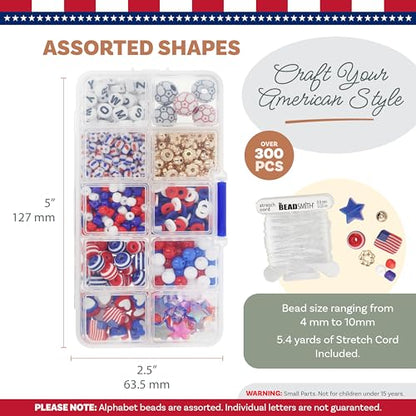 The Beadsmith USA Bead Mix Assortment – Red White and Blue Beads with American Flags & Soccer Balls, Includes 5.4 yd (16.1 ft) Stretch Cord in 0.8 mm Dia, 250 Anniversary USA Merchandise Beads