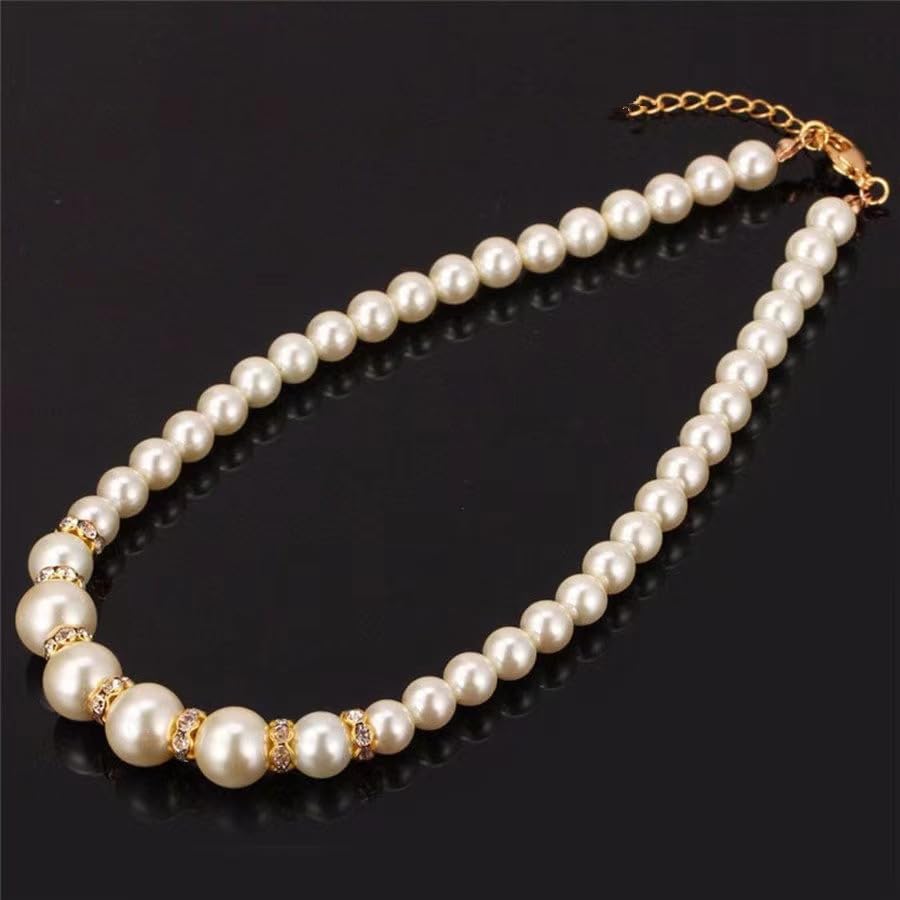 DATOA 3 Pcs Set Elegant Pearl Round Beads Imitation Pearl Acrylic Necklace Earrings Bracelet Sparkling Crystal Jewelry for Women Wedding Engagement Jewelry Set - color: Gold