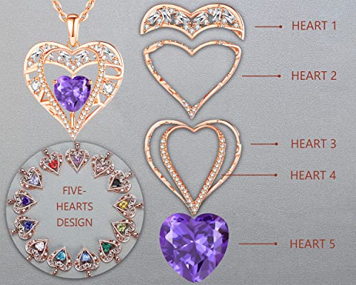5 Heart I Love You Necklace for Women, Birthstone Crystal Pendant, Birthday Gift for Her, Wife, Mom, Rose Gold or Gunmetal Plated, 925 Sterling Silver Chain 18"+2" - color: 02-February-Amethyst Deep Violet-Rose Gold Plated