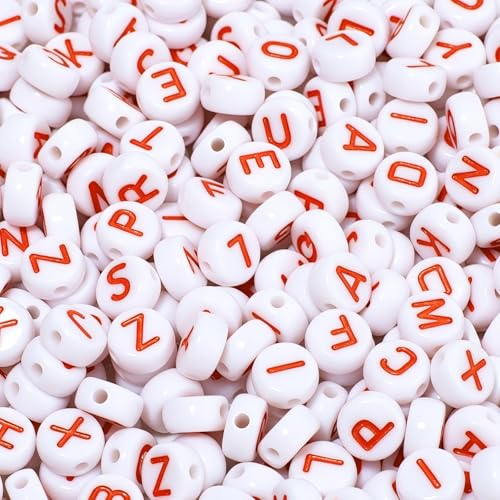 1000Pcs Acrylic White Letter Beads Alphabet Colorful Letter Red Round Beads for Friendship Bracelets and Gifts Souvenir Jewelry Making(4 * 7mm Round) - color: White Red(Round)