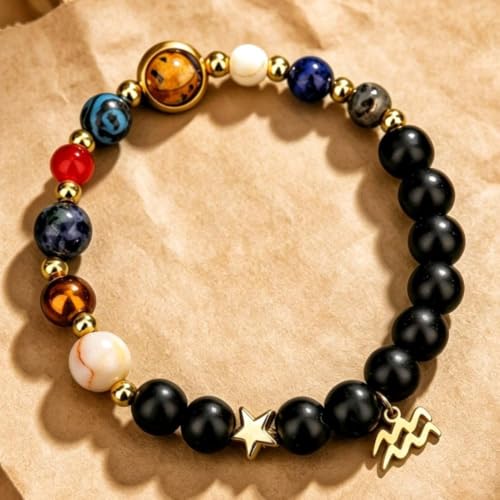 Solar System Planet Bead Zodiac Sign Stretch Bracelet for Men Women | Matte black beads with solar system planet stones, unisex design, perfect birthday holiday gift for men women - color: Aquarius