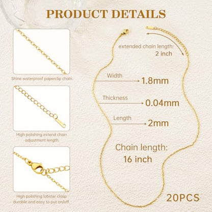 20Pcs 18k Gold Filled Stainless Steel 16” Necklace Chains Bulk | 1.8x2mm Flat Oval Cable Chain with Extender Lobster Clasps for Women Necklace DIY Jewelry Making - color: 18K Gold, size: 16 Inch