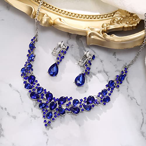 Wedding Statement Necklace Clip-on Earrings Jewelry Set | Sparkling Austrian Crystal Teardrop Cluster for Party Prom Accessories - color: 04-Blue Silver-Tone