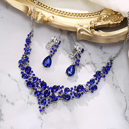 Wedding Statement Necklace Clip-on Earrings Jewelry Set | Sparkling Austrian Crystal Teardrop Cluster for Party Prom Accessories - color: 04-Blue Silver-Tone