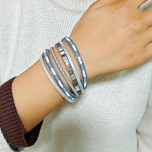 ZMANYIJEW Leather Wrap Bracelets for Women,Boho Cuff Bracelets Multi-Layer Crystal Beads Cuff Bracelet Multilayered Leopard Leather Braided Bangle Wrist Cuff Bangles - style: grey