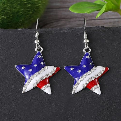 HUJUON American Flag Pendant Necklace Earring Set for Women 4th Of July Butterfly Drop Dangle Hook Earring Independence Day Usa Patriotic Choker Jewelry Gift - color: Star Silver