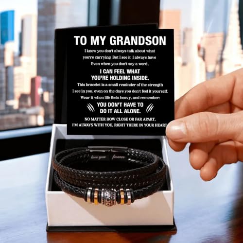To My GrandSon Bracelet – Love You Forever Braided Leather Bracelet, Meaningful GrandSon Gift from Grandpa & Grandma with Heartfelt Message Card & Elegant Gift Box for Birthday, Christmas - color: Version#4