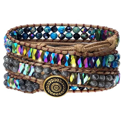 JR.DM Boho Beaded Bracelets for Women - Handmade Adjustable Crystal Natural Stone Bead Wrap Bracelets, Bohemian Jewelry Braided for Unique Birthday Gifts - color: A4 Blue Emperor Stones
