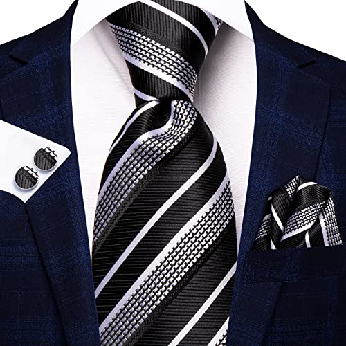 Hi-Tie Men 63inches Tie Set Extra Long Necktie Paisley Tie Pocket Suqare Cufflinks Big and Tall Men Tie - color: Black Grey Silver