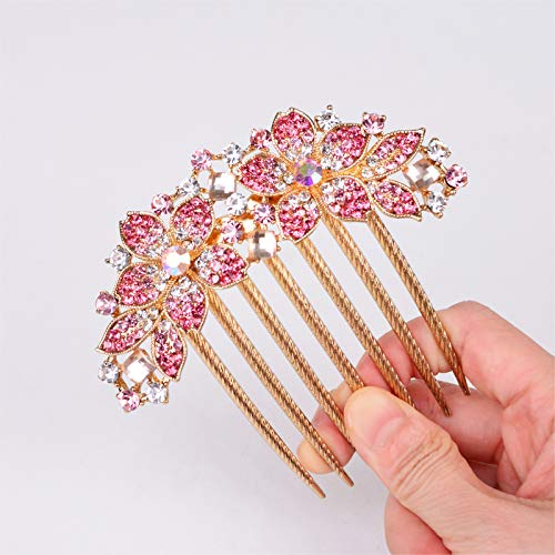 Women Rhinestone Inlaid Flower Hair Comb Hairpin Barrette Accessory,Also Perfect Mother's Day Gifts for Mom (Pink) - color: Pink