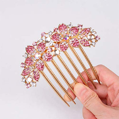 Women Rhinestone Inlaid Flower Hair Comb Hairpin Barrette Accessory,Also Perfect Mother's Day Gifts for Mom (Pink) - color: Pink