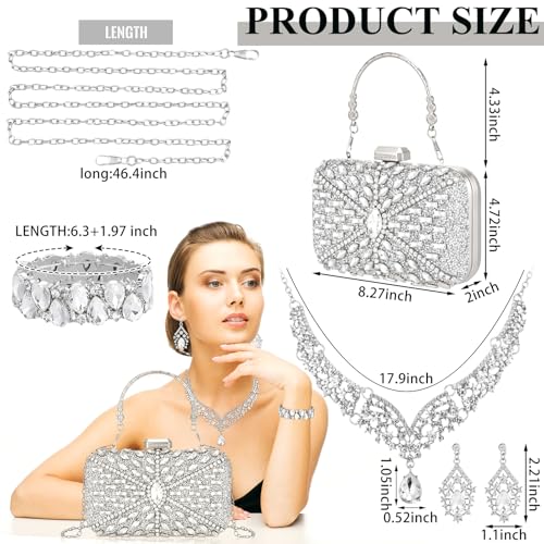 Quelay 4 Pcs Purse Rhinestone Jewelry Set Women | Wedding Bridal Prom Jewelry Sparkly Clutch Handbag with Necklace Bracelet Dangle Earrings Shiny Costume Kit - color: Silver, style: Opulent