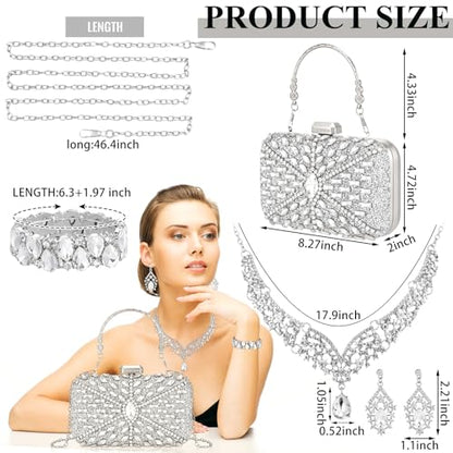 Quelay 4 Pcs Purse Rhinestone Jewelry Set Women | Wedding Bridal Prom Jewelry Sparkly Clutch Handbag with Necklace Bracelet Dangle Earrings Shiny Costume Kit - color: Silver, style: Opulent