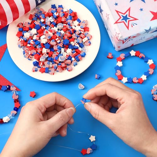 Patriotic Clay Beads,300Pcs Red White and Blue Beads for Bracelets | Polymer Clay, 4th of July Crafts, Making Independence Day Bracelets, 300Pcs Red White Blue Stars Hearts and Mixed Shapes - color: Red White Blue