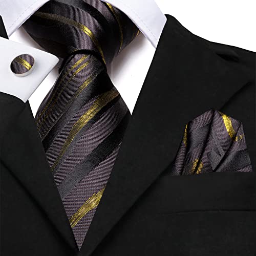 Dubulle Mens Paisley Striped Tie Woven Necktie for Men and Handkerchief Cufflinks Set Wedding Formal Business - color: Black Grey Gold