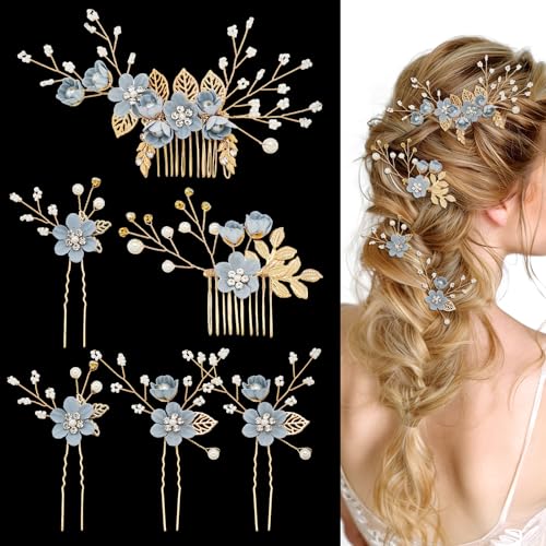 6 Pcs Bridal Hair Accessories French Hair Side Combs and Hair Pins,Gold Wedding Jewelry Headpiece with Rhinestone for Brides Bridesmaids Women Girls(Blue Flower） - color: Blue