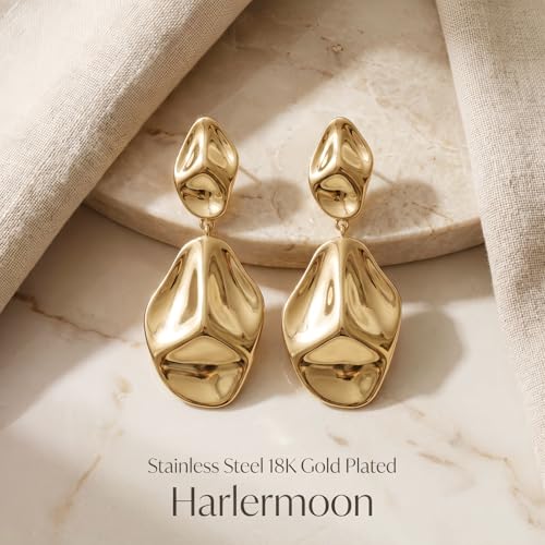 Harlermoon Chunky Gold Statement Earrings for Women 14K Gold Plated Sculptural Curved Dangle Drop Studs Hypoallergenic Geometric Jewelry Gift