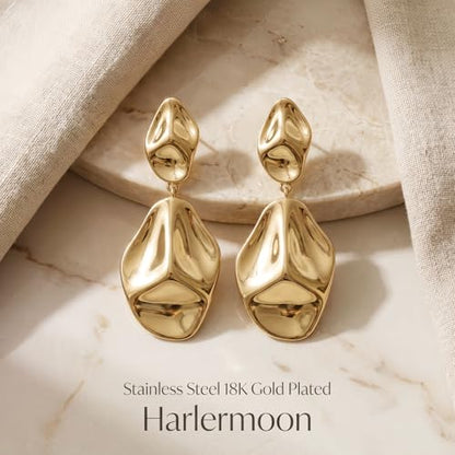 Harlermoon Chunky Gold Statement Earrings for Women 14K Gold Plated Sculptural Curved Dangle Drop Studs Hypoallergenic Geometric Jewelry Gift