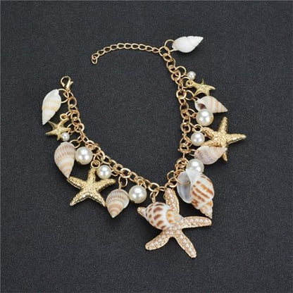 Spiritrain Handmade Starfish Seashell Pearl Bracelets for Women Gold Plated Bohemian Charm Sea Shell Couch Beads Adjustable Chain Anklet Bracelets Hawaiian Beach Holiday Mermaid Costume Jewelry Gifts - color: Gold