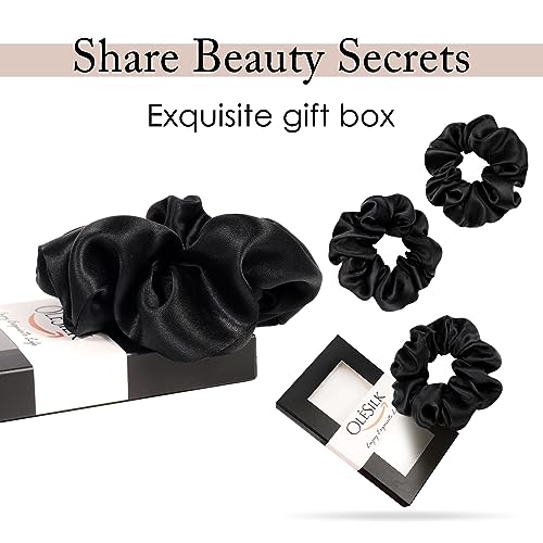 OLESILK 3 Count, 100% Mulberry Silk Scrunchies for Women, Silk Hair Ties for Curly Hair, Pink, Black, Navy, 19MM, 6A Grade, Hair Accessories - color: Gold