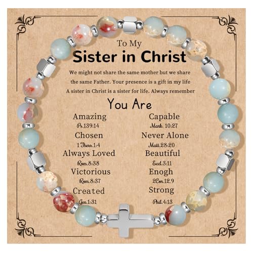 Natural Stone Stretch Bracelet for Women - Holy Water Elastic Cross Bracelet | Christmas Christian Baptism Gift, Meaningful Gifts, Unique Gift for Friends Mom Daughter Sister - style: cross-Sister in Christ