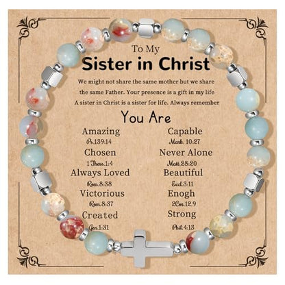 Natural Stone Stretch Bracelet for Women - Holy Water Elastic Cross Bracelet | Christmas Christian Baptism Gift, Meaningful Gifts, Unique Gift for Friends Mom Daughter Sister - style: cross-Sister in Christ