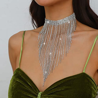 Aomcisi Fashion Women Sexy Rhinestone Bib Choker Necklace Tassel Long Chain Necklace - color: Silver