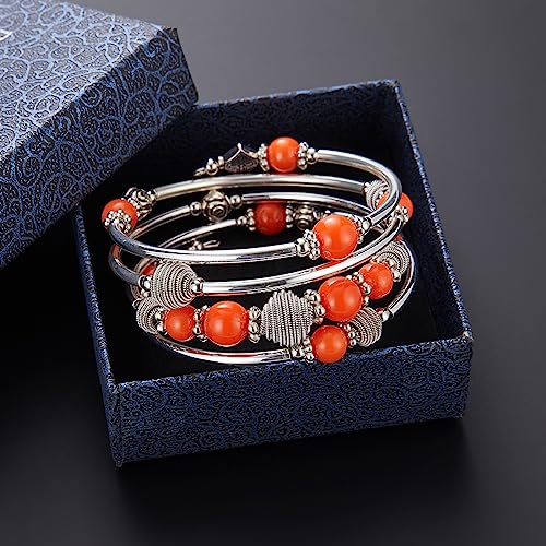 PEARL&CLUB Beaded Chakra Bangle Turquoise Bracelet - Fashion Jewelry Wrap Bracelet with Thick Silver Metal and Mala Beads, Birthday Gifts For Women - color: Orange