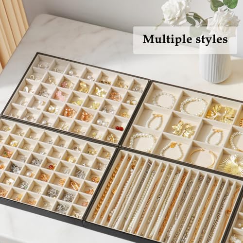 Large Jewelry Organizer Tray, Stackable Jewelry Storage Holder PU Leather Velvet Jewellery Display Case for Stud Earring Bracelet Necklace Ring (Black Beige, 24 Grids) - color: Black Beige