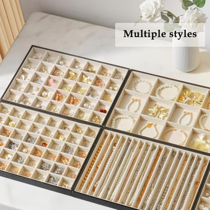 Large Jewelry Organizer Tray, Stackable Jewelry Storage Holder PU Leather Velvet Jewellery Display Case for Stud Earring Bracelet Necklace Ring (Black Beige, 24 Grids) - color: Black Beige
