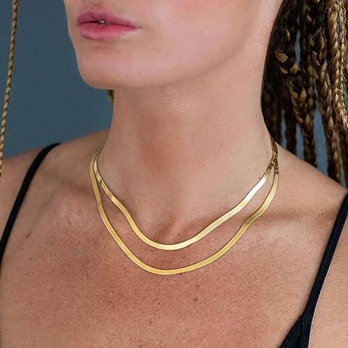 Dainty Choker Necklace for Women 18K Gold Plated Shining Dots Box Chain Sparkle Necklaces Cute Paperclip Link Herringbone Necklace Exquisite Jewelry Gifts for Mom Girlfriend - style: 5mm Herringbone GD