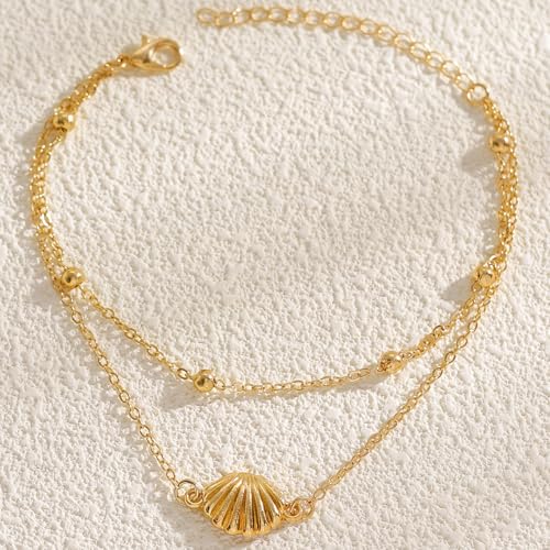 Gold Starfish Seashell Anklets Bracelets for Women Dainty Gold Layered Shell Link Chain Anklets Summer Conch Seashell Foot Bracelet Jewelry for Beach Vacation - color: gold2