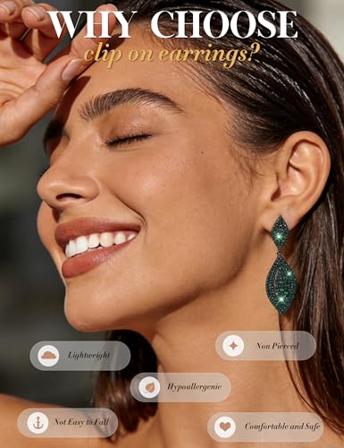 THUNARAZ Clip on Earrings for Women Non Pierced Glitter Rhinestone Crystal | Clip-On Earrings, Wedding Bridal Earrings, Non Pierced Ears, Dangle Earrings, Fake Earrings, Fashion Jewelry - color: Green1