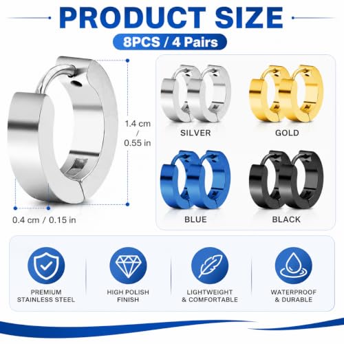 4 Pairs Unisex Hoop Earrings Set – 4 Color Stainless Steel Small Huggie Earrings for Men & Women (Gold, Silver, Black, Blue) | Hypoallergenic Ear Piercing Jewelry