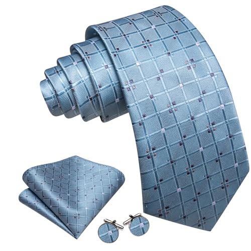 YOHOWA Men Plaid/Striped Ties Clip Set Silk Necktie Pocket Square Cufflinks | Woven Classic,Formal/Casual Mens Tie,Pocket Square Cufflinks Set,Luxury,Business,Wedding,Party,Prom,Graduation - color: Dusty Blue a