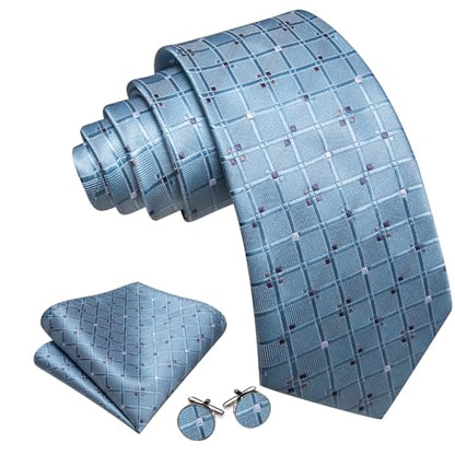 YOHOWA Men Plaid/Striped Ties Clip Set Silk Necktie Pocket Square Cufflinks | Woven Classic,Formal/Casual Mens Tie,Pocket Square Cufflinks Set,Luxury,Business,Wedding,Party,Prom,Graduation - color: Dusty Blue a