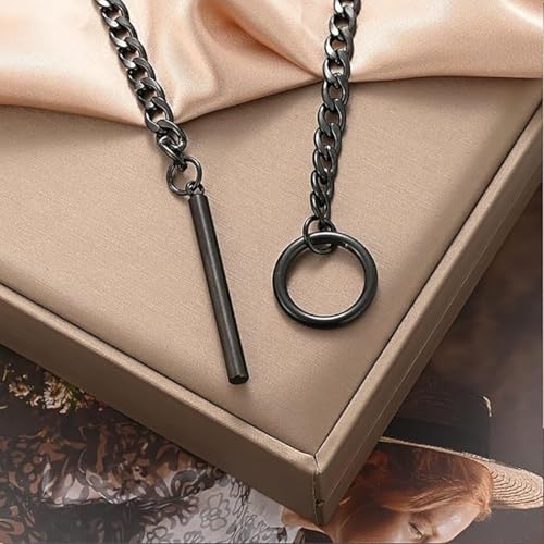 Heart O Ring Slip Chain Necklaces for Women and Men Stainless Steel Long Cuban Chain Bar Necklace Punk Rock Collar Necklaces Handmade Adjustable Lariat Y Necklace - color: Black Bar