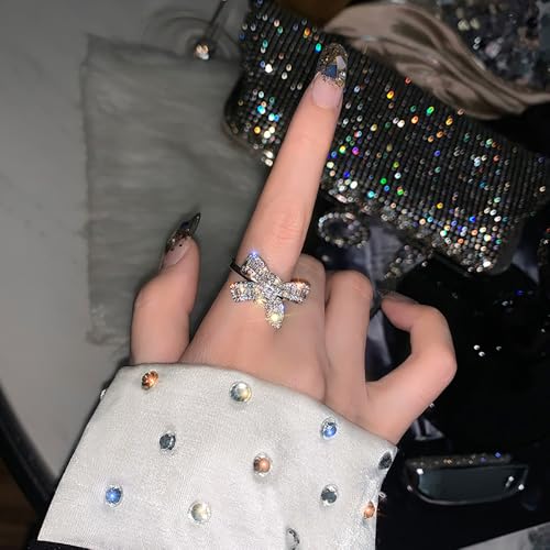 Sparkly Rhinestone Bow Rings for Women Adjustable Cocktail Statement Finge Ring Pave Crystal Bow Open Ring Promise Engagement Wedding Party Jewelry - style: Silver