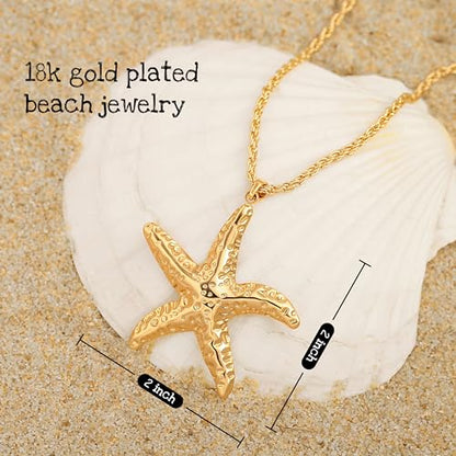 18k Gold Plated Chain Link Necklace for Women, Baroque Pearl/Compass Pendant Necklace - color: Starfish