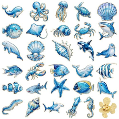 30/60 Pcs Cute Enamel Pins Bulk Plant Flower Animal Halloween Gothic Fall Pumpkin Cartoon Lapel Pin Brooches Jewelry Gift for Backpack Clothes Hats Accessories - style: Marine Animals