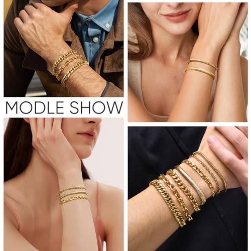 VNOX 5/7 Pcs Chain Bracelet for Men Women - Sturdy Stainless Steel Curb Width Cuban Link Chain Bracelet Set for Men Women,6.5/7/7.4/8.2/9 Inches - style: Gold Plated Link 2