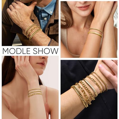 VNOX 5/7 Pcs Chain Bracelet for Men Women - Sturdy Stainless Steel Curb Width Cuban Link Chain Bracelet Set for Men Women,6.5/7/7.4/8.2/9 Inches - style: Gold Plated Link 2