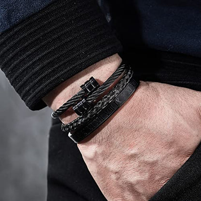 WFYOU 3PCS Stainless Steel Imperial Crown Bracelets for Men Gold Roman Numeral Bangle Bracelet Adjustable Cuff Bracelet Mens Luxury Jewelry Gifts - style: 08:Black-Round