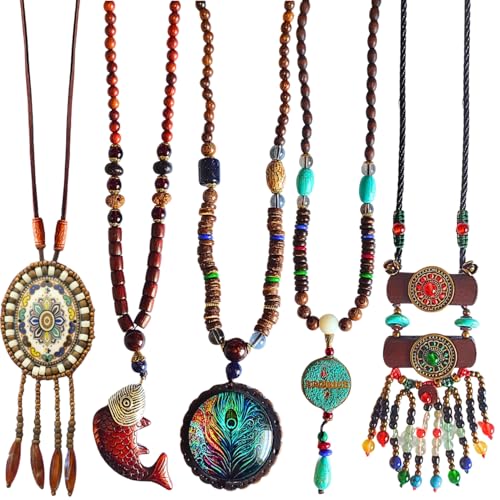Bohemian Beaded Necklace for Women Long Boho Pendant Wood Mala Beads Wooden Strand Tassel Stone Bohemian Necklaces for Women Jewelry - style: Ethnic Brown Set