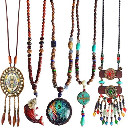 Bohemian Beaded Necklace for Women Long Boho Pendant Wood Mala Beads Wooden Strand Tassel Stone Bohemian Necklaces for Women Jewelry - style: Ethnic Brown Set