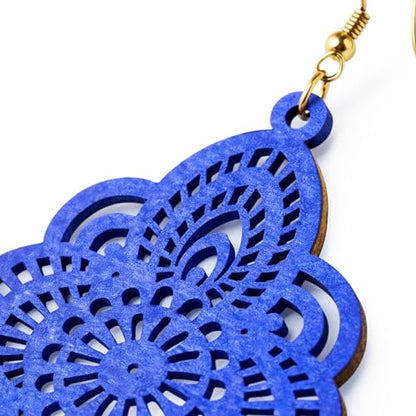 Boho Black Filigree Dangle Earrings for Women, Lightweight Hollow Lace Drop, Wood, 3.34" x 1.69", Bohemian Jewelry - color: Blue