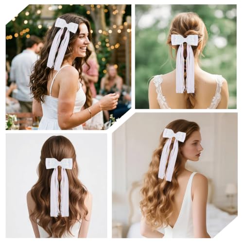Girls White Sequin Hair Bow Clip with Long Sequin Streamers, Shiny Non-shed | 2Pcs Handmade Ribbon Wrapped Non-slip Alligator Clips, Hair Accessories for Party Daily School Birthday Photo Shoots - color: White