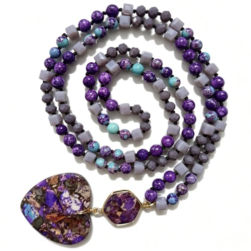 Yomisa Long Necklaces for Women Trendy, 33/34/35 inch | Boho Beaded Necklaces for Women, Natural Stone Pendant, Handmade Knotted Bead, Bohemian Holiday Summer Western Charm Jewelry - color: Love-Purple