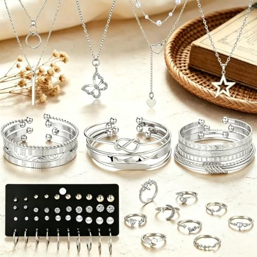 46Pcs Gold Jewelry Set for Women with 5 Necklace, 12 Bracelet, 5 Hoop Earrings, 15 Stud Earrings and 9 Rings Jewelry Set For Gifts for Women. - style: Silver Jewelry