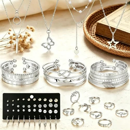 46Pcs Gold Jewelry Set for Women with 5 Necklace, 12 Bracelet, 5 Hoop Earrings, 15 Stud Earrings and 9 Rings Jewelry Set For Gifts for Women. - style: Silver Jewelry